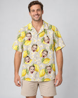Lemon Grove Vibes Hawaiian shirt with printed faces, worn by a man
