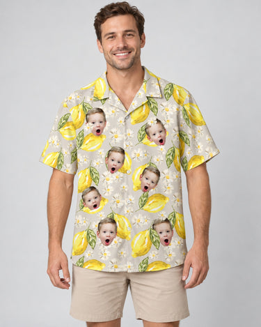Lemon Grove Vibes Hawaiian shirt with printed faces, worn by a man