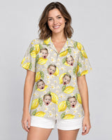 Lemon Grove Vibes Hawaiian shirt with printed faces, worn by a woman