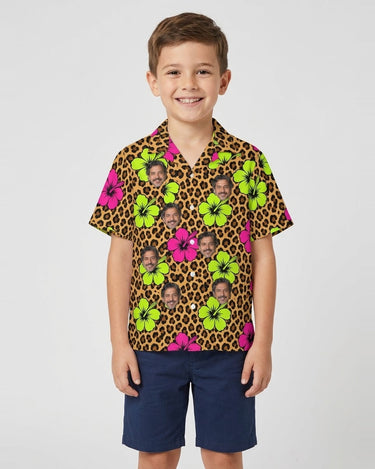 Leopard Clash Ugly Hawaiian Shirt with printed faces, worn by a child