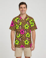 Leopard Clash Ugly Hawaiian Shirt with printed faces, worn by a man