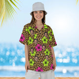 Woman wearing the Leopard Clash Ugly Hawaiian Shirt with custom faces