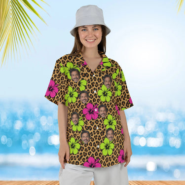 Woman wearing the Leopard Clash Ugly Hawaiian Shirt with custom faces