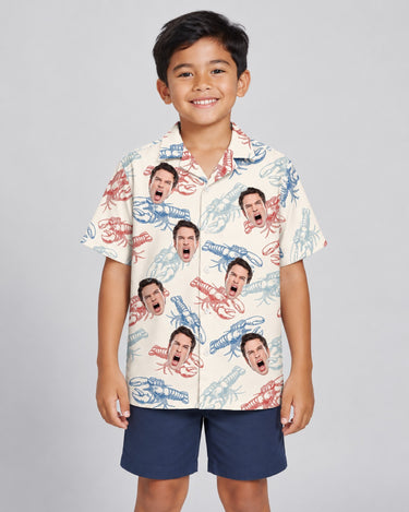Lobster Fest Hawaiian shirt with printed faces, worn by a child