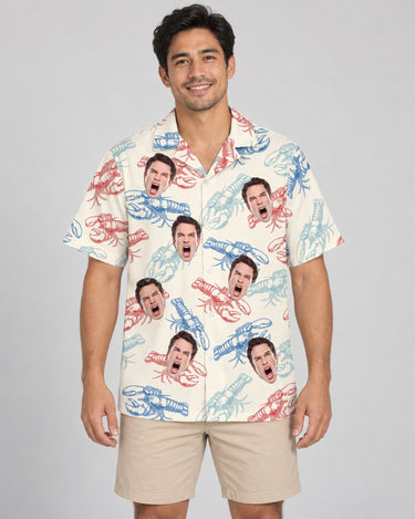 Lobster Fest Hawaiian shirt with printed faces, worn by a man