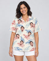 Lobster Fest Hawaiian shirt with printed faces, worn by a woman