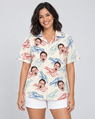 Lobster Fest Hawaiian shirt with printed faces, worn by a woman