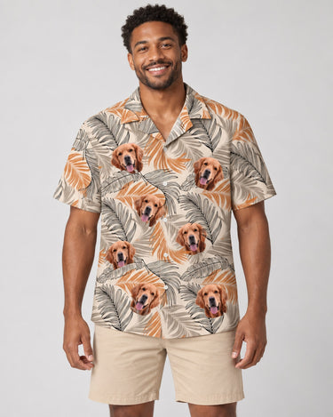 Lush Tropical Foliage Hawaiian shirt with printed faces, worn by a man