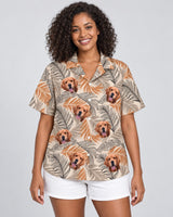 Lush Tropical Foliage Hawaiian shirt with printed faces, worn by a woman