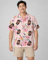 Luxe Hibiscus Silk Tropical Hawaiian shirt with printed faces, worn by a man