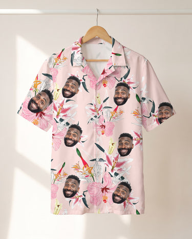 Luxe Hibiscus Silk Tropical personalized Hawaiian shirt printed with customer faces