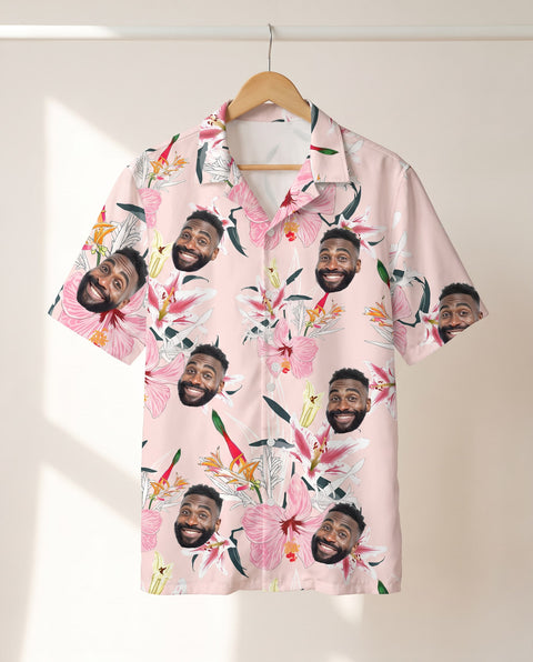 Luxe Hibiscus Silk Tropical personalized Hawaiian shirt printed with customer faces