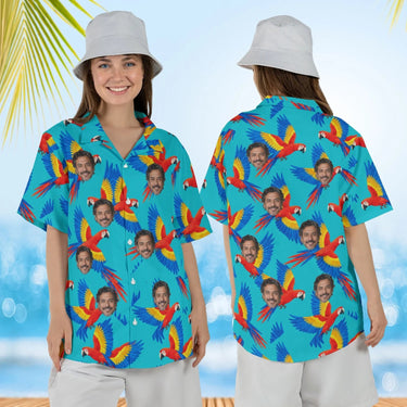 Woman wearing the Macaw Tropical Hawaiian Shirt with custom faces, front and back view