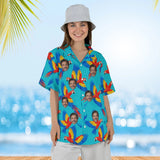 Woman wearing the Macaw Tropical Hawaiian Shirt with custom faces