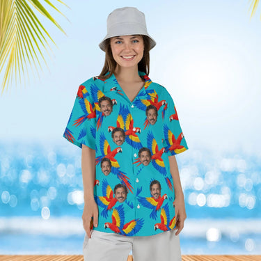 Woman wearing the Macaw Tropical Hawaiian Shirt with custom faces