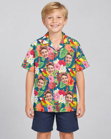 Macaw Jungle Vibes Hawaiian shirt with printed faces, worn by a child