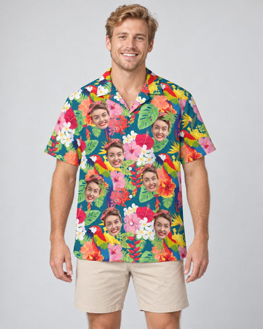 Macaw Jungle Vibes Hawaiian shirt with printed faces, worn by a man