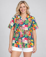 Macaw Jungle Vibes Hawaiian shirt with printed faces, worn by a woman