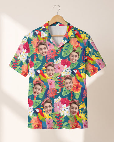 Macaw Jungle Vibes personalized Hawaiian shirt printed with customer faces