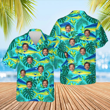 Mahi-Mahi Fishing Hawaiian Shirt with custom faces, front and back