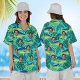 Woman wearing the Mahi-Mahi Fishing Hawaiian Shirt with custom faces, front and back view
