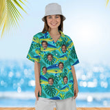 Woman wearing the Mahi-Mahi Fishing Hawaiian Shirt with custom faces