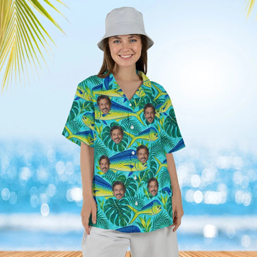 Woman wearing the Mahi-Mahi Fishing Hawaiian Shirt with custom faces