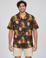 Majestic Jungle Tiger Hawaiian shirt with printed faces, worn by a man