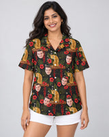 Majestic Jungle Tiger Hawaiian shirt with printed faces, worn by a woman