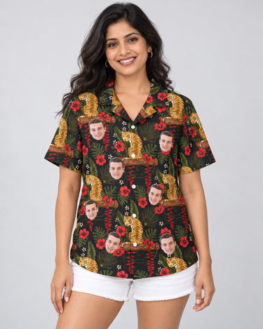 Majestic Jungle Tiger Hawaiian shirt with printed faces, worn by a woman