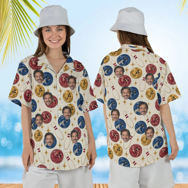 Woman wearing the Marble Balls Hawaiian Bowling Shirt with custom faces, front and back view