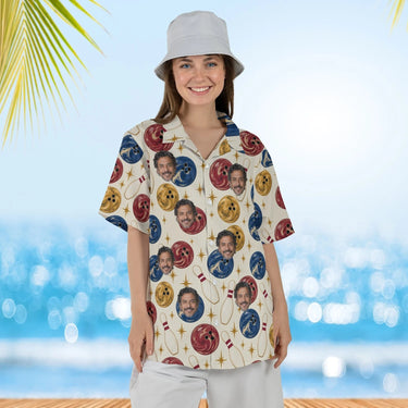 Woman wearing the Marble Balls Hawaiian Bowling Shirt with custom faces