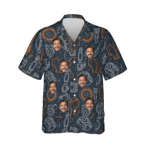 Mecha Blueprint Sci-Fi Hawaiian Shirt personalized with printed faces, front view