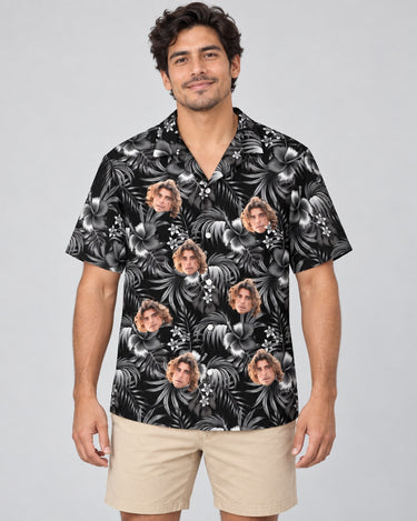 Midnight Hibiscus Paradise Hawaiian shirt with printed faces, worn by a man