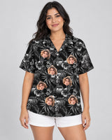 Midnight Hibiscus Paradise Hawaiian shirt with printed faces, worn by a woman