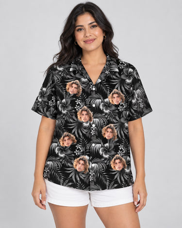 Midnight Hibiscus Paradise Hawaiian shirt with printed faces, worn by a woman