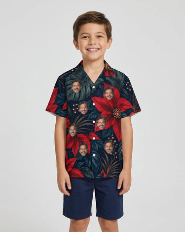 Midnight Poinsettia Christmas Hawaiian Shirt with printed faces, worn by a child