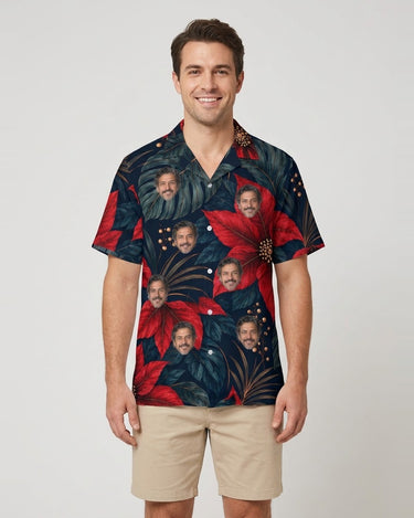Midnight Poinsettia Christmas Hawaiian Shirt with printed faces, worn by a man
