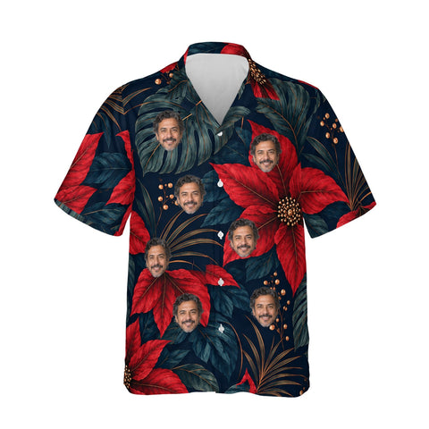 Midnight Poinsettia personalized Christmas Hawaiian shirt printed with customer faces, front view