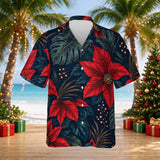 Midnight Poinsettia Christmas Hawaiian shirt print before personalizing, front view
