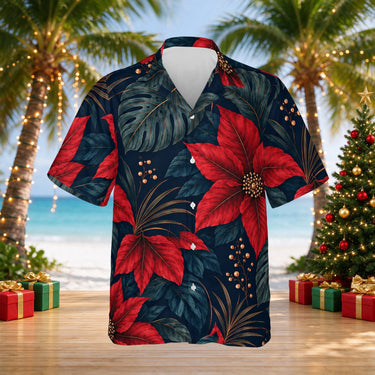 Midnight Poinsettia Christmas Hawaiian shirt print before personalizing, front view