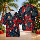 Midnight Poinsettia custom Christmas Hawaiian shirt with faces, front and back