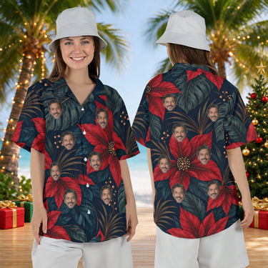 Midnight Poinsettia personalized Christmas Hawaiian shirt with faces worn by a woman, front and back