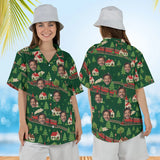 Woman wearing the Model Railroad Train Hawaiian Shirt with custom faces, front and back view