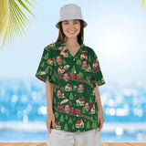 Woman wearing the Model Railroad Train Hawaiian Shirt with custom faces