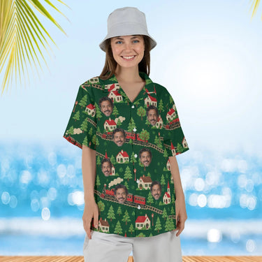 Woman wearing the Model Railroad Train Hawaiian Shirt with custom faces