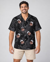 Monotropics Hawaiian shirt with printed faces, worn by a man