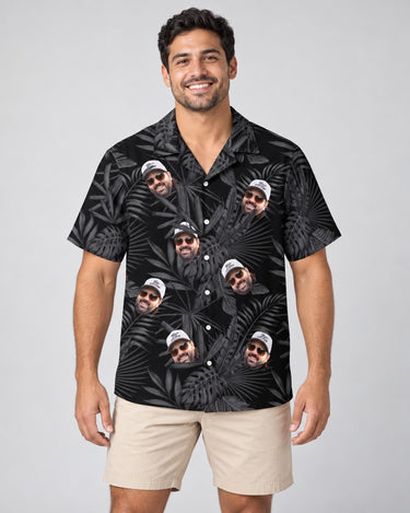 Monotropics Hawaiian shirt with printed faces, worn by a man