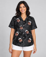 Monotropics Hawaiian shirt with printed faces, worn by a woman