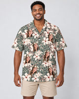 Monstera Hibiscus Dream Hawaiian shirt with printed faces, worn by a man